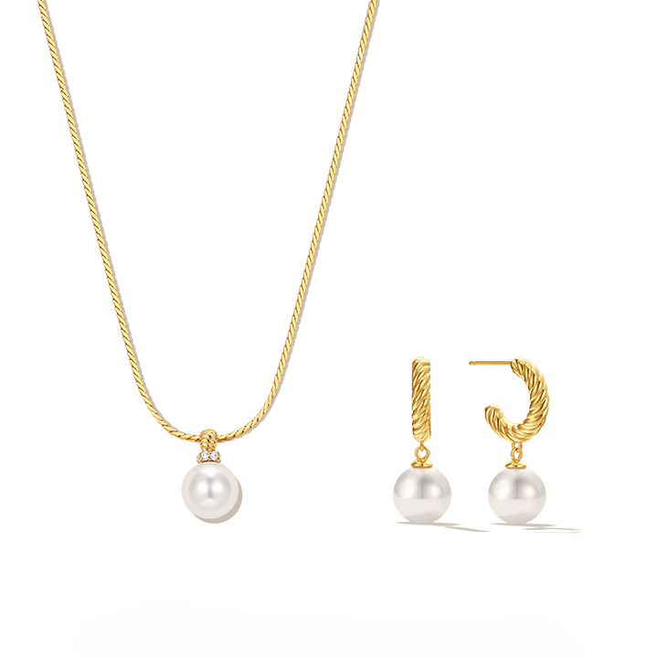 Gold twisted rope necklace with a pearl pendant, accompanied by matching gold hoop earrings with pearl drops. Elegant and stylish set.